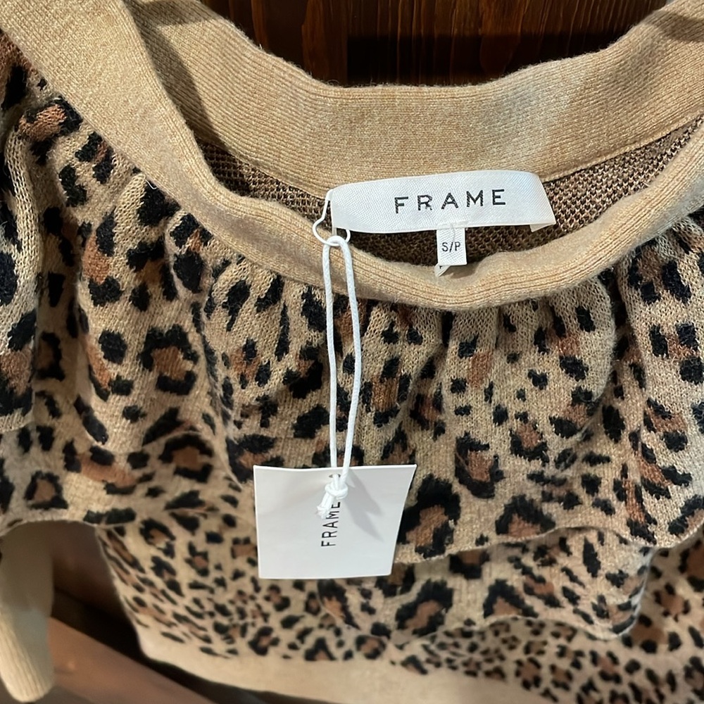 Frame One Side Shoulder Camel Multi Animal Print Ruffle Wool Blend Sweater Small - Picture 3 of 4